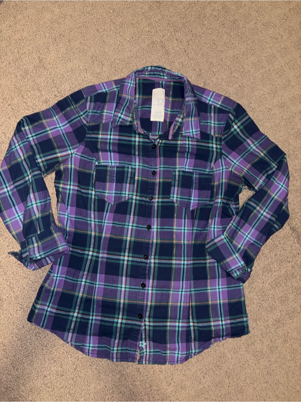 Women's Purple Plaid Button-Down Shirt - Casual Everyday Style, Women’s Size M